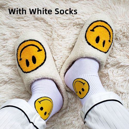 Pantoufles D'hiver En Fourrure Pour Femmes Et Hommes, Motif Grand Smiley, Glissades Moelleuses Pour La Maison, Chaussures En Coton Chaudes En Peluche Pour La Chambre  Coucher, Automne