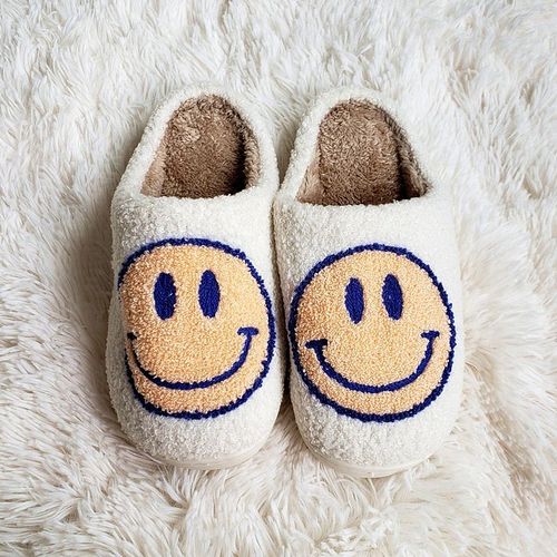Pantoufles D'hiver En Fourrure Pour Femmes Et Hommes, Motif Grand Smiley, Glissades Moelleuses Pour La Maison, Chaussures En Coton Chaudes En Peluche Pour La Chambre  Coucher, Automne