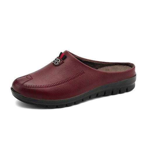 Pantoufles D'hiver Impermables En Cuir Pu Pour Femmes, Chaussures Chaudes Et Confortables  Semelle Compense,  La Mode, Couleur Unie, Mocassins  Enfiler - 36