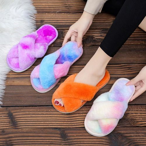 Pantoufles D'intrieur En Fausse Fourrure Pour Femmes, Chaussures Plates, Chaudes, Multicolores, En Peluche Croise,  Bout Ouvert, Wj082 - 39