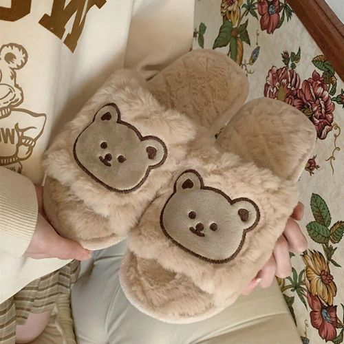Pantoufles D'intrieur En Fourrure D'ours Mignon Pour Hommes Et Femmes,Toboggans Amusants,Coussin Moelleux,Chaud,Mode,Hiver