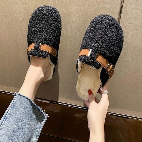 Pantoufles De Fourrure Basses Pour Femmes, Chaussures D'hiver  La Mode, Pantoufles De Plateforme D'extrieur, Diapositives Floques, Orteils Couverts, Peluche, Massage Plat - 37