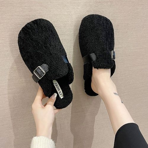 Pantoufles De Fourrure Basses Pour Femmes, Chaussures D'hiver  La Mode, Pantoufles De Plateforme D'extrieur, Diapositives Floques, Orteils Couverts, Peluche, Massage Plat - 36