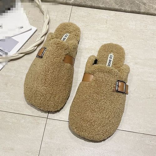 Pantoufles De Fourrure Basses Pour Femmes, Chaussures D'hiver  La Mode, Pantoufles De Plateforme D'extrieur, Diapositives Floques, Orteils Couverts, Peluche, Massage Plat - 39