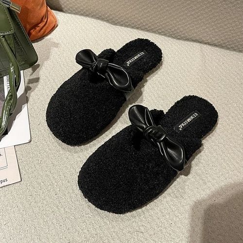 Pantoufles De Fourrure Basses Pour Femmes, Chaussures D'hiver  La Mode, Pantoufles De Plateforme D'extrieur, Diapositives Floques, Orteils Couverts, Peluche, Massage Plat - 37