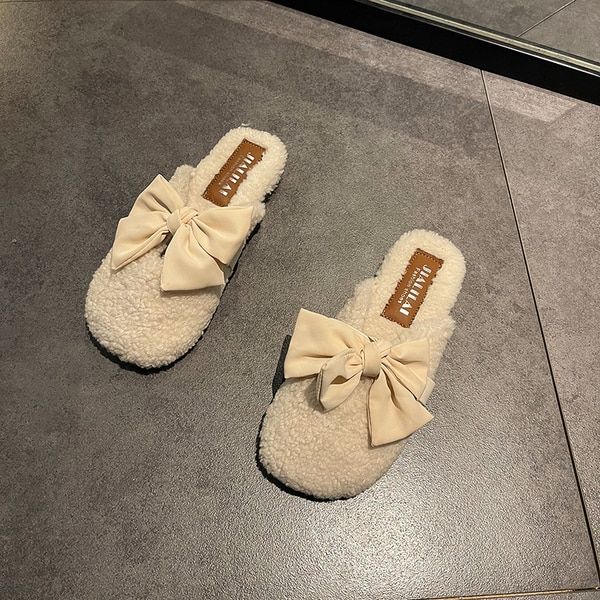 Pantoufles De Fourrure Basses Pour Femmes, Chaussures D'hiver  La Mode, Pantoufles De Plateforme D'extrieur, Diapositives Floques, Orteils Couverts, Peluche, Massage Plat - 38