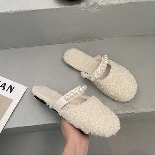 Pantoufles De Fourrure Basses Pour Femmes, Chaussures D'hiver  La Mode, Pantoufles De Plateforme D'extrieur, Diapositives Floques, Orteils Couverts, Peluche, Massage Plat - 39