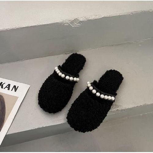 Pantoufles De Fourrure Basses Pour Femmes, Chaussures D'hiver  La Mode, Pantoufles De Plateforme D'extrieur, Diapositives Floques, Orteils Couverts, Peluche, Massage Plat - 35