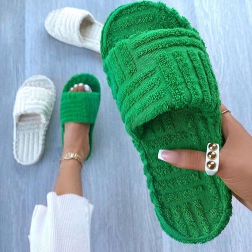 Pantoufles De Luxe  Bout Ouvert Et Semelle paisse Pour Femmes, Chaussures D'extrieur Plates En Velours Ctel Vert, Tongs D't Et D'automne - 42