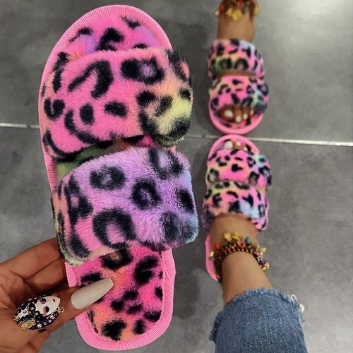 Pantoufles De Plage  Bout Rond Pour Femmes, Chaussures D't Dcontractes Et Moelleuses Avec Fourrure, Diapositives Plates Antidrapantes, Couleur Arc-En-Ciel, Chane En Mtal - 41