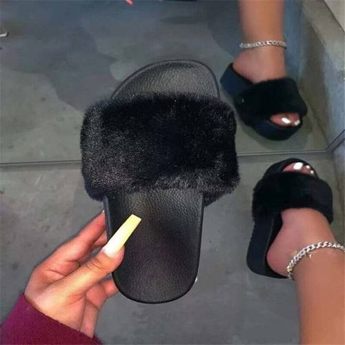 Pantoufles De Plage  Bout Rond Pour Femmes, Chaussures D't Dcontractes Et Moelleuses Avec Fourrure, Diapositives Plates Antidrapantes, Couleur Arc-En-Ciel, Chane En Mtal - 36 1/2