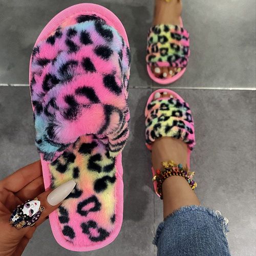 Pantoufles De Plage  Bout Rond Pour Femmes, Chaussures D't Dcontractes Et Moelleuses Avec Fourrure, Diapositives Plates Antidrapantes, Couleur Arc-En-Ciel, Chane En Mtal - 40 1/2