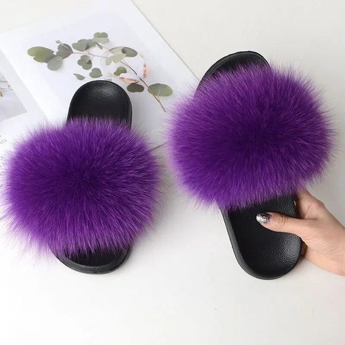 Pantoufles Dcontractes En Fourrure De Renard Vritable Pour Femmes,Coordonnantes,Plates,Grande Taille,t - 14