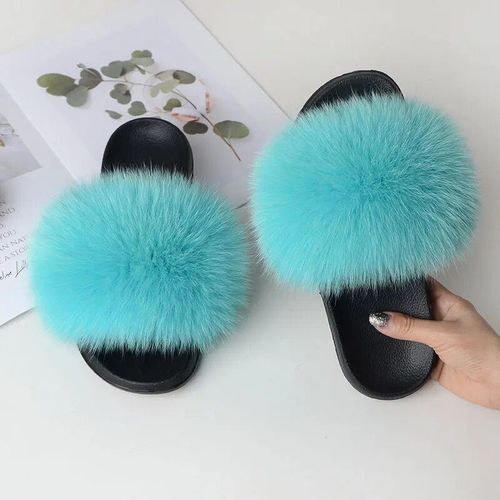 Pantoufles Dcontractes En Fourrure De Renard Vritable Pour Femmes,Coordonnantes,Plates,Grande Taille,t