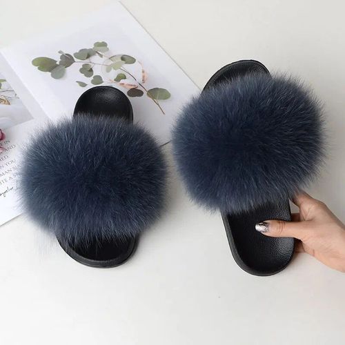 Pantoufles Dcontractes En Fourrure De Renard Vritable Pour Femmes,Coordonnantes,Plates,Grande Taille,t - 12