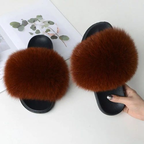 Pantoufles Dcontractes En Fourrure De Renard Vritable Pour Femmes,Coordonnantes,Plates,Grande Taille,t