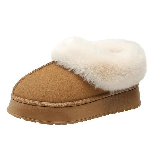 Pantoufles En Coton  Plateforme paisse En Peluche Pour Femmes,Talons Plats,Fourrure,Faux Daim,Chaussures Moelleuses,Chaud,Hiver,2023 - 36