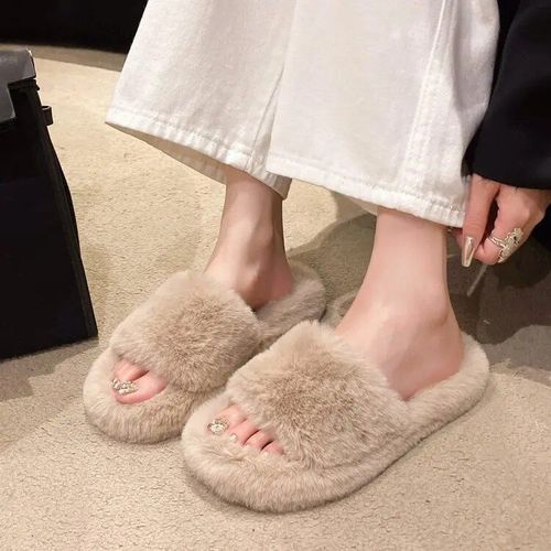 Pantoufles En Fausse Fourrure De Renard Group Pour Femme,Peluche Douce Et Chaude,Chaussures D'hiver Pour La Maison,La Chambre  Coucher,En Coton - 35
