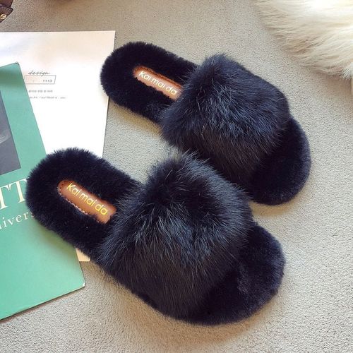Pantoufles En Fourrure De Lapin Pour Femmes, Chaussures Dcontractes, lgantes, Souples, En Peluche - 39