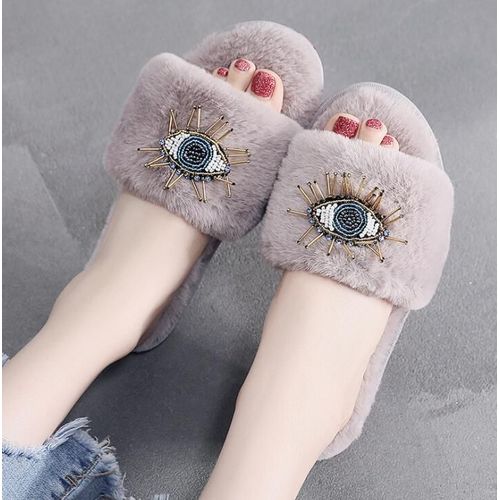 Pantoufles En Fourrure Pour Femmes, Dcoration De Grands Yeux, Pantoufles D'hiver Pour La Maison, En Coton, Strass, Tongs En Peluche, Chaussures Pour Femmes, S655 - 39