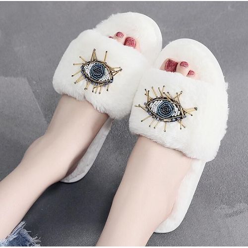 Pantoufles En Fourrure Pour Femmes, Dcoration De Grands Yeux, Pantoufles D'hiver Pour La Maison, En Coton, Strass, Tongs En Peluche, Chaussures Pour Femmes, S655 - 43