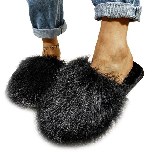 Pantoufles En Fourrure Solide Pour Femmes, Chaussures De Maison Pelucheuses, Tongs Avec Sandales En Fourrure,  La Mode, t, 2021