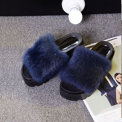Pantoufles En Fourrure Vritable Pour Femmes, Chaussures Plates  Semelle paisse, Mode Automne Hiver, Tongs Antidrapantes Pour L'extrieur, Dcontractes, Solides - 39