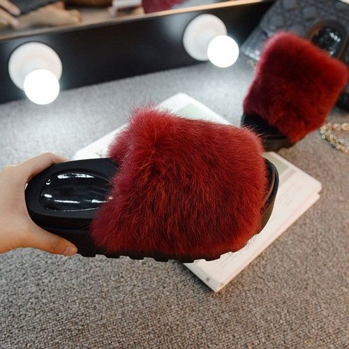 Pantoufles En Fourrure Vritable Pour Femmes, Chaussures Plates  Semelle paisse, Mode Automne Hiver, Tongs Antidrapantes Pour L'extrieur, Dcontractes, Solides - 40