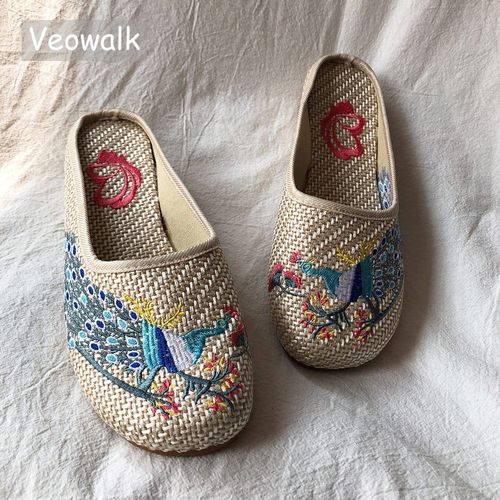 Pantoufles En Lin Brodes  La Main Pour Femmes, Mules Plates Et Confortables Pour L't - 35 1/2