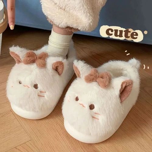 Pantoufles Krasno-Pantoufles En Fourrure Moelleuses Pour Femmes,Chaussures  Semelle Optique  Plate-Forme,Toboggans De Maison En Mousse  Mmoire De Forme Kawaii,Noir Et Blanc,Mignon,Hiver,2023