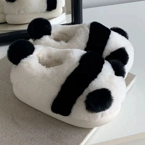Pantoufles Krasno-Pantoufles En Fourrure Moelleuses Pour Femmes,Chaussures  Semelle Optique  Plate-Forme,Toboggans De Maison En Mousse  Mmoire De Forme Kawaii,Noir Et Blanc,Mignon,Hiver,2023