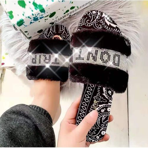 Pantoufles Pelucheuses Avec Strass Pour Femmes, Chaussures Chaudes Et Souples En Cristal, 2022 - 39