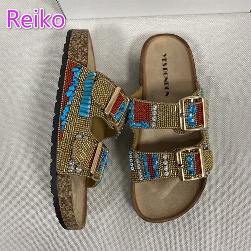 Pantoufles Rtro  Bout Ouvert Pour Femmes, 2021, Nouveau Style Ethnique, Boucle Dore, Perceuse, Pantoufles Dcoratives Creuses, Tongs Plates, Chaussures Za - 38