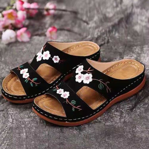 Pantoufles Souples Brodes Pour Femmes, Chaussures De Plage Confortables Et  Bout Ouvert, Pantoufles D'extrieur  La Mode, 2021 - 40