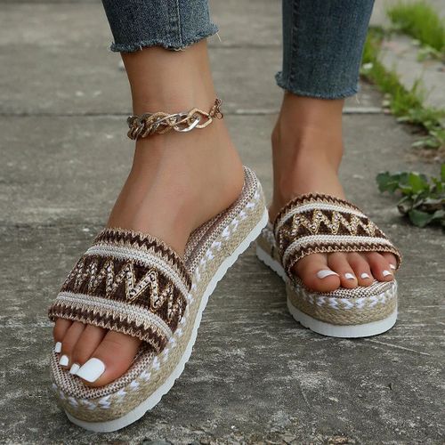 Pantoufles Tisses  Plateforme Pour Femme,Chaussures D't,Sandales De Plage Dcontractes  Talons,Bohme,Espadrilles Faites  La Main,2023 - 35