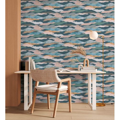 Papier Peint  Motifs Graphiques Profhome 396994-Gu Papier Peint Intiss Gaufr  Chaud Lgrement Textur Design Mat Bleu Vert Rose Brun 5,33 M2