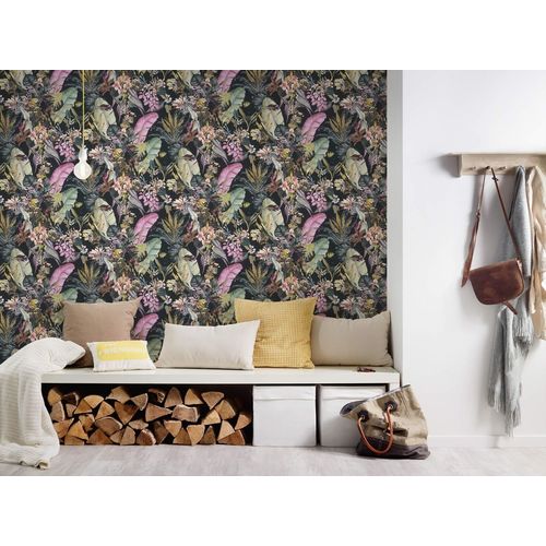 Papier Peint Motif Animal Profhome 381761-Gu Papier Peint Non-Tiss Lisee Sans Texture Au Design De Jungle Mat Noir Rose Vert Jaune 5,33 M2