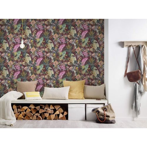 Papier Peint Motif Animal Profhome 381765-Gu Papier Peint Non-Tiss Lisee Sans Texture Au Design De Jungle Mat Rouge Rose Vert Jaune 5,33 M2
