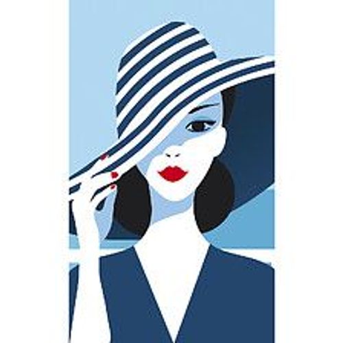 Papier Peint Panoramique Intiss?, Dessin D'une Personne Glamour, Tenue Et Chapeau Bleu, Avec Un D?Cor De Vue Sur Mer Et Ciel Bleu, 250 Cm X 150 Cm