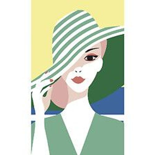 Papier Peint Panoramique Intiss?, Dessin D'une Personne Glamour, Tenue Et Chapeau Vert, Avec Un D?Cor De Ciel Jaune Et Vue Sur La Mer, 250 Cm X 150 Cm