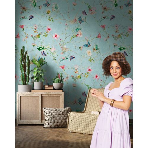 Papier Peint Photo Profhome 382681-Gu Papier Peint Intiss Gaufr  Chaud Lisse Avec Un Dessin Floral Mat Turquoise Vert Rose Bleu 1,59 M X 2,8 M