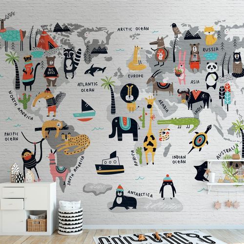 Papier Peint Photo Profhome 382971-Gu Papier Peint Intiss Gaufr  Chaud Lisse Avec Un Dessin Infantile Mat Gris Noir Jaune Bleu 3,71 M X 2,8 M
