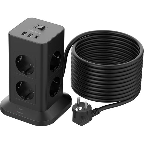 Parafoudre Et Surtension 8 Sortie Ac Avec 3 Usb, Tour Multiprise Avec Interrupteur, Chargeur Multiple Avec Rallonge Electrique 10M, 3600W Bloc Prise Pour Maison, Bureau, Noir[Audio978]