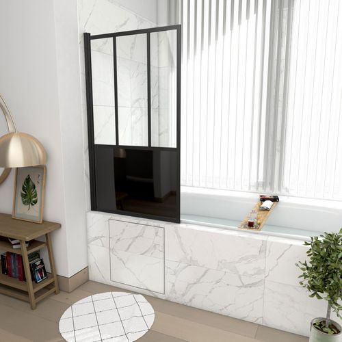 Pare Baignoire Pivotant 130x75cm Type Industriel - Profil Noir Mat - Verre Tremp - Glassy Screen