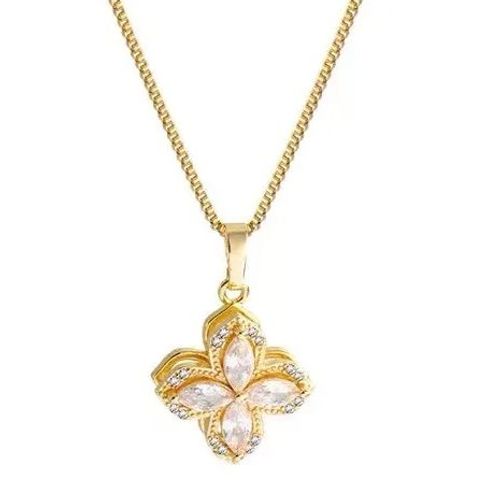 Parure Collier En Acier Inoxydable 18k Plaqu Or Avec En Forme De Trfle Rotatif En Zircon Pierre Principale Cristal, Strass + Boucle D'Oreille En Modle Fleur Trfle Rotatif