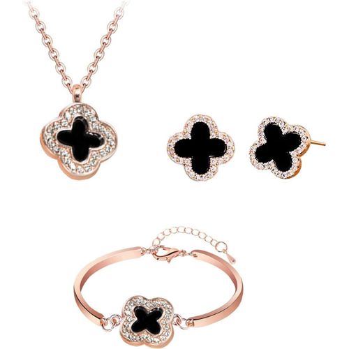 Parure De Bijoux Femme Rglable Trfle  Quatre Feuilles Collier Bracelet Et Boucles D'oreilles Ensemble Simple Cubique Zircone Pendentif Bijoux En Acier Inoxydable Pour Femmes Filles.[Y376]