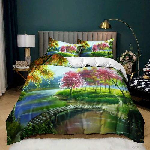 Parure De Lit Avec Housse De Couette En Microfibre Avec 1/2 Taie D'oreiller - Paysage Naturel 3d - Respirante, Douce Et Confortable