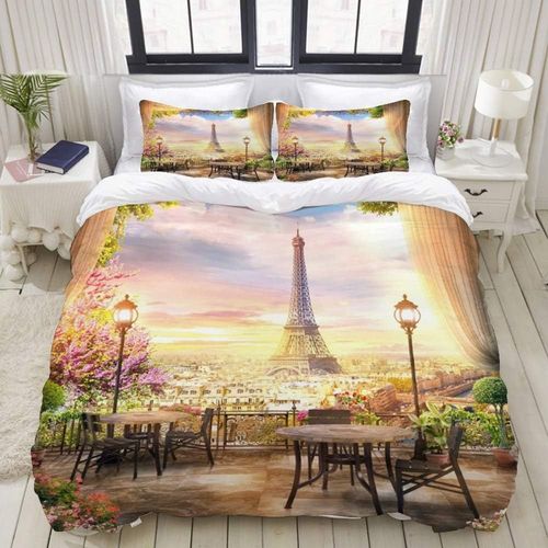 Parure De Lit Avec Housse De Couette En Microfibre,French Dreamlike Paris Tour Eiffel Fleurs Vue Ville Photographie Fond,Sets De Housse De Couette Xcm+ Taie D'oreiller Xcm