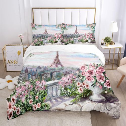 Parure De Lit Avec Housse De Couette Et Taie D'oreiller - Motif Fleurs Roses - Taille Double - France - Tour Eiffel - 3d - Paires De Plantes - Paysage En Microfibre Douce - Pou