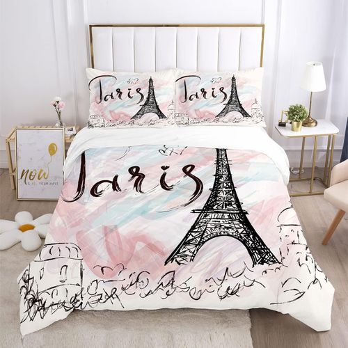 Parure De Lit Avec Housse De Couette Et Taie D'oreiller - Rose Et Bleu - Pour Filles Et Femmes - Paires Noires - Motif Tour Eiffel - Housse De Couette MatelassE - Taille Double
